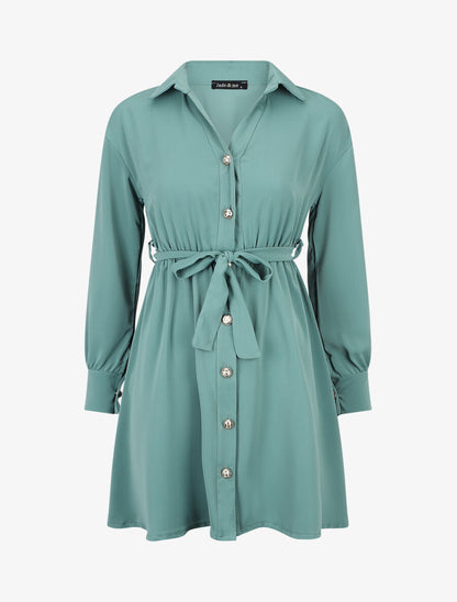 Robe chemise unie à taille élastiquée - Vert d&