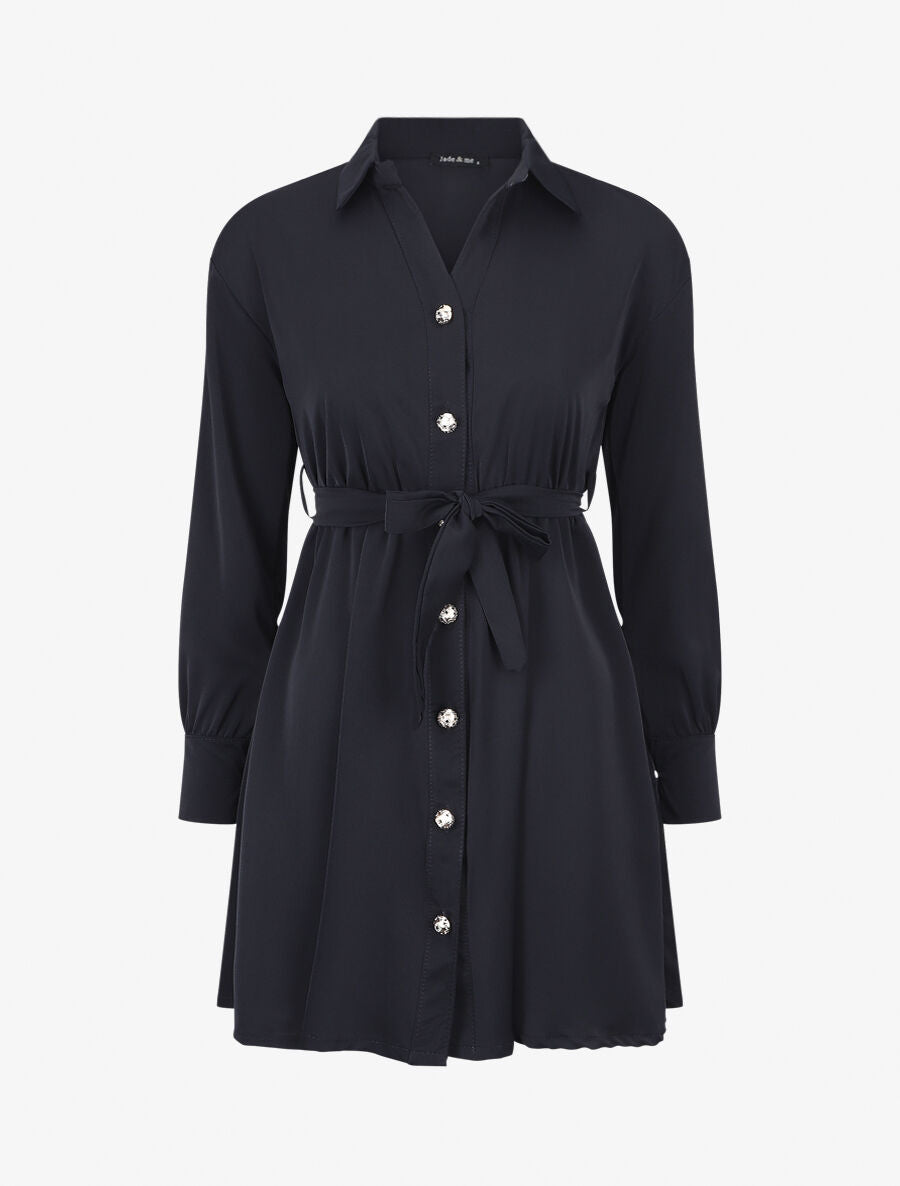 Robe chemise unie à taille élastiquée - Marine - 1