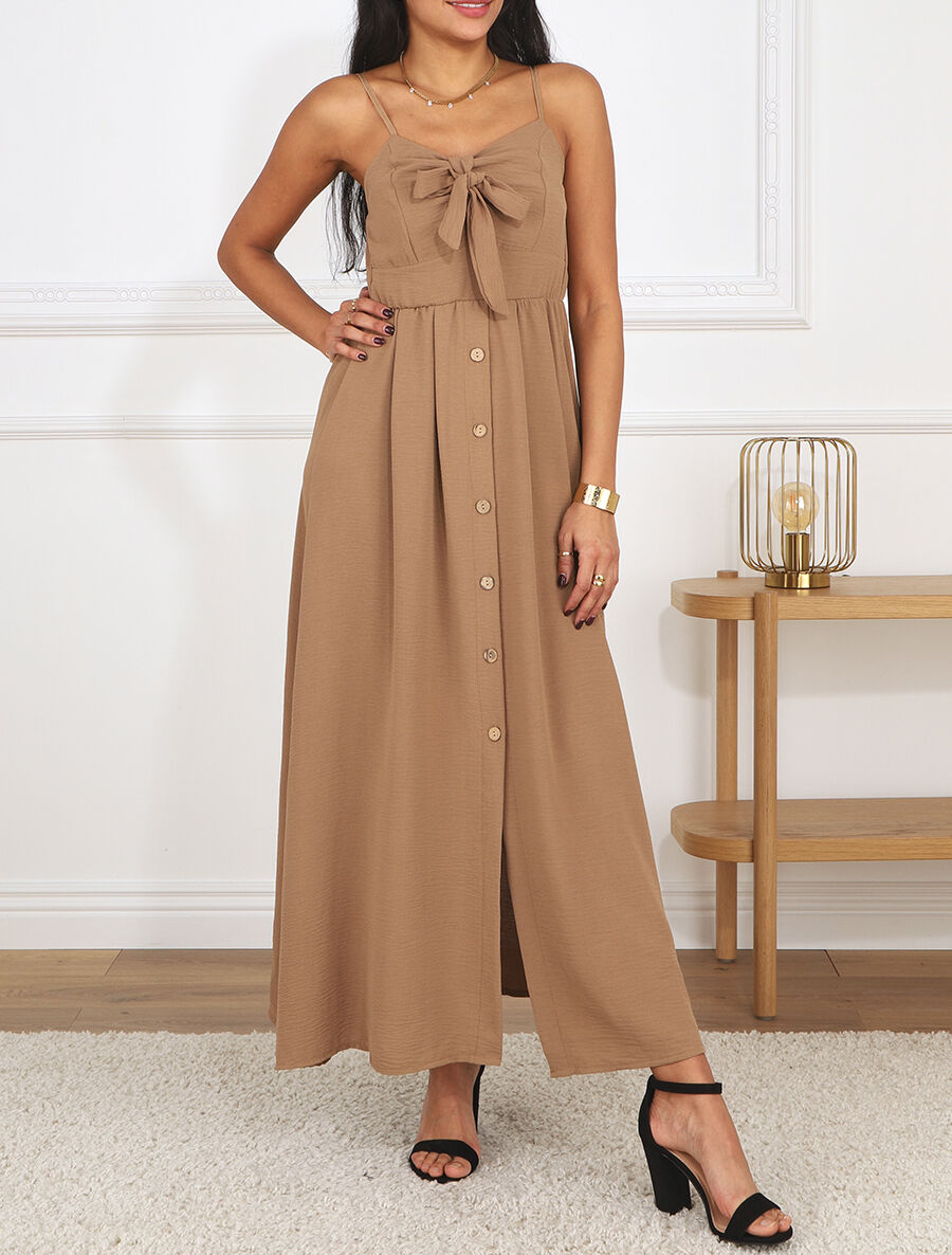 Robe longue unie boutonnée - Camel - 4