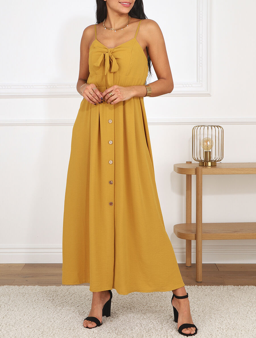 Robe longue unie boutonnée - Jaune moutarde - 4