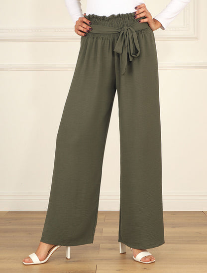 Pantalon uni à taille élastiquée - Kaki - 4