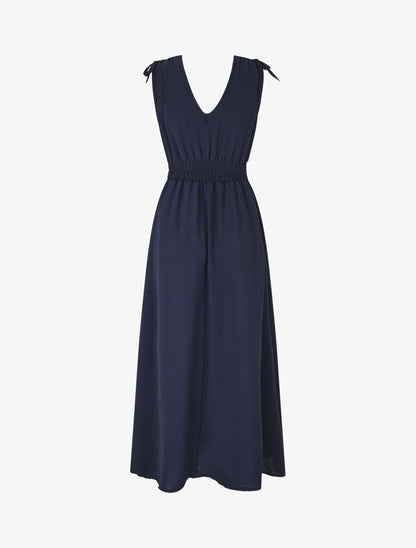 Robe longue coupe empire à taille élastiquée - Marine - 2