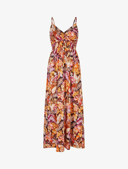 Robe longue imprimé fleuri à taille élastiquée - Orange - 1