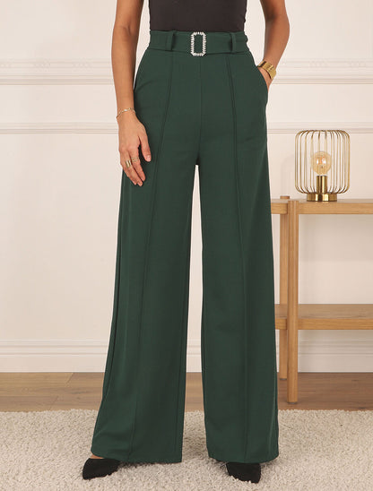 Pantalon long ample à détail bijoux - Vert sapin - 4