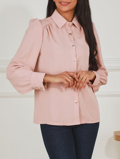Blouse unie à manches longues - Rose - 4