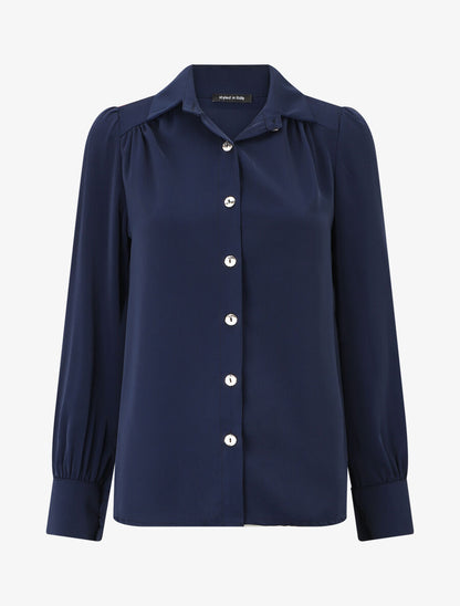 Blouse unie à manches longues - Marine - 1
