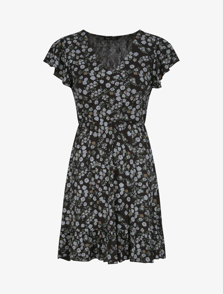 Robe courte coupe patineuse à imprimé fleuri - Noir - 1