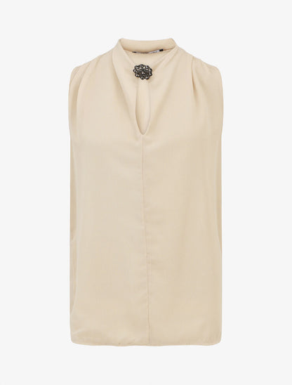 Blouse unie en voile à détail bijoux - Beige - 1