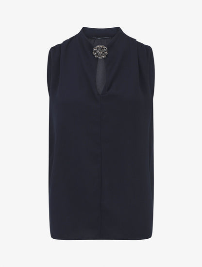 Blouse unie en voile à détail bijoux - Marine - 5