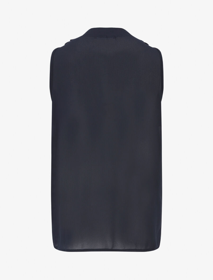 Blouse unie en voile à détail bijoux - Marine - 2