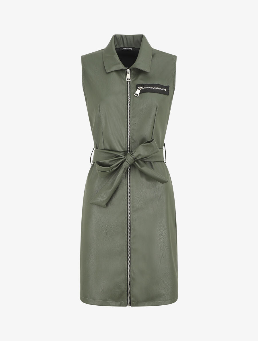 Robe mi-longue en simili - Kaki - 1