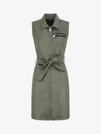 Robe mi-longue en simili - Kaki - 1