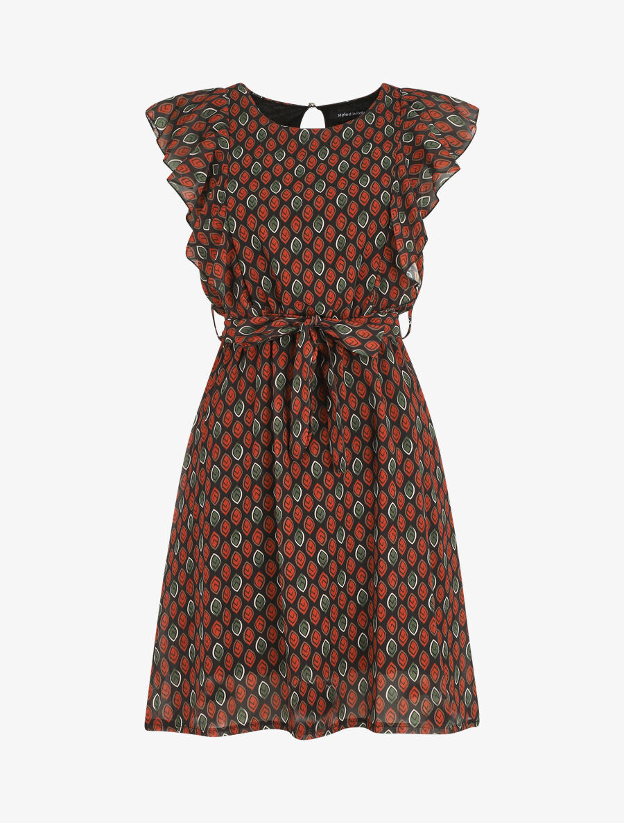 Robe élastiquée à manches volantées - Noir - 1