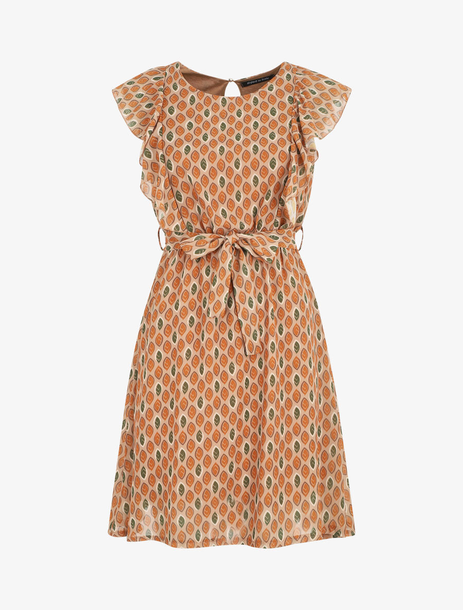 Robe élastiquée à manches volantées - Camel - 1