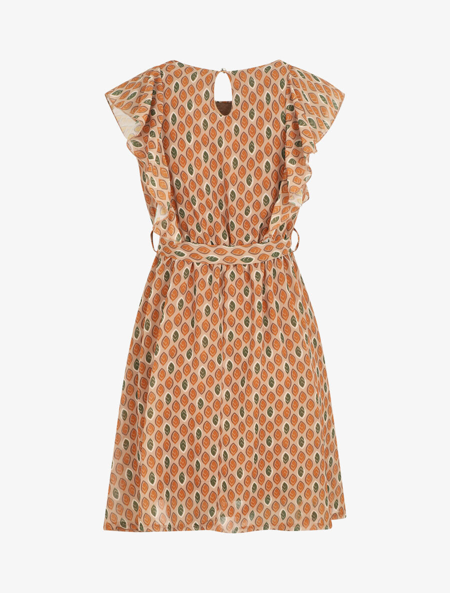 Robe élastiquée à manches volantées - Camel - 2