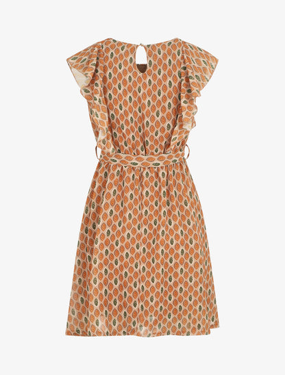 Robe élastiquée à manches volantées - Camel - 2