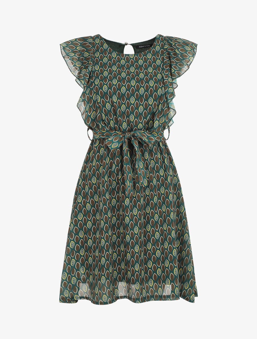 Robe élastiquée à manches volantées - Vert sapin - 1
