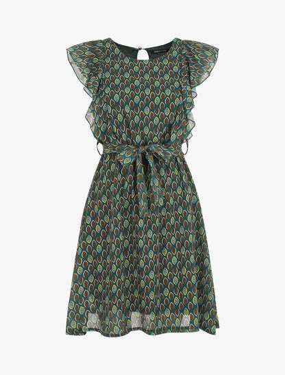 Robe élastiquée à manches volantées - Vert sapin - 1