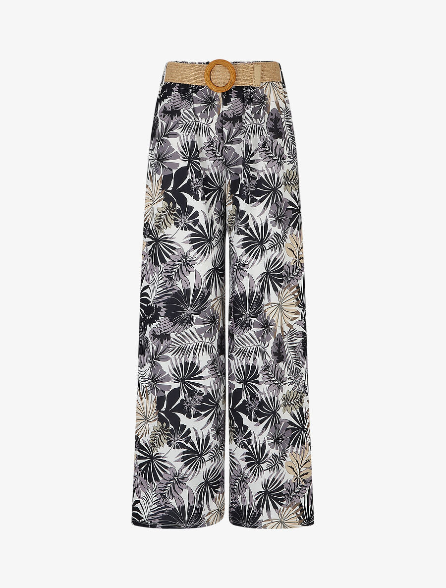 Pantalon ample élastiqué à imprimé feuillage - Noir - 1