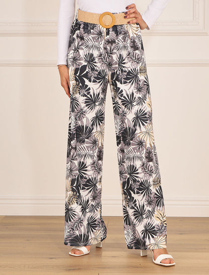 Pantalon ample élastiqué à imprimé feuillage - Noir - 4