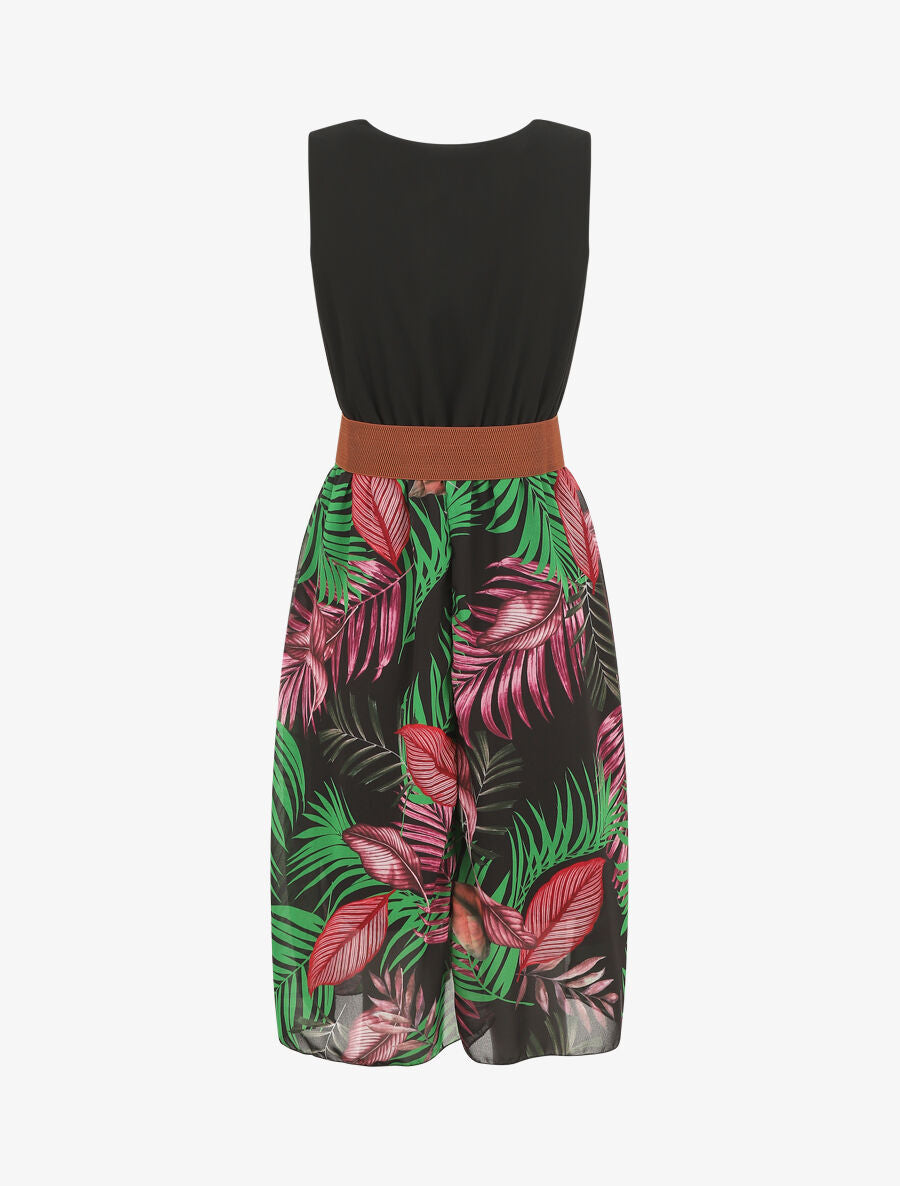 Robe bicolore imprimé feuilles - Noir - 2