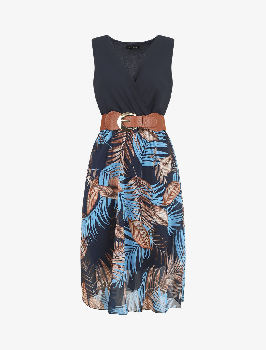 Robe bicolore imprimé feuilles - Bleu - 1