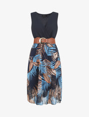 Robe bicolore imprimé feuilles - Bleu - 1