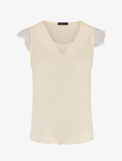 Top à col V en dentelle - Beige - 1