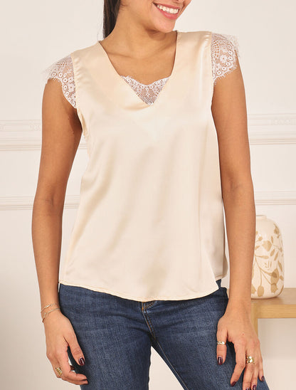 Top à col V en dentelle - Beige - 4