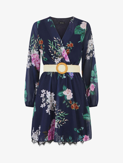 Robe mi-longue imprimé fleurs à taille élastiquée - Marine - 1