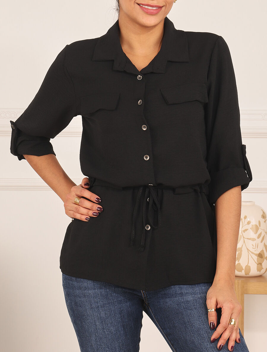 Chemise unie élastiquée - Noir - 4