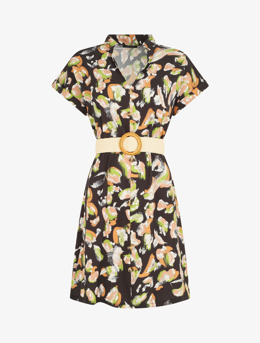 Robe courte boutonnée imprimé léopard stylisé - Noir - 1