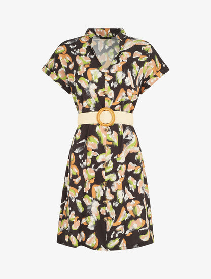 Robe courte boutonnée imprimé léopard stylisé - Noir - 1