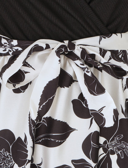 Robe mi-longue bi-matière imprimé grandes fleurs - Noir - 3