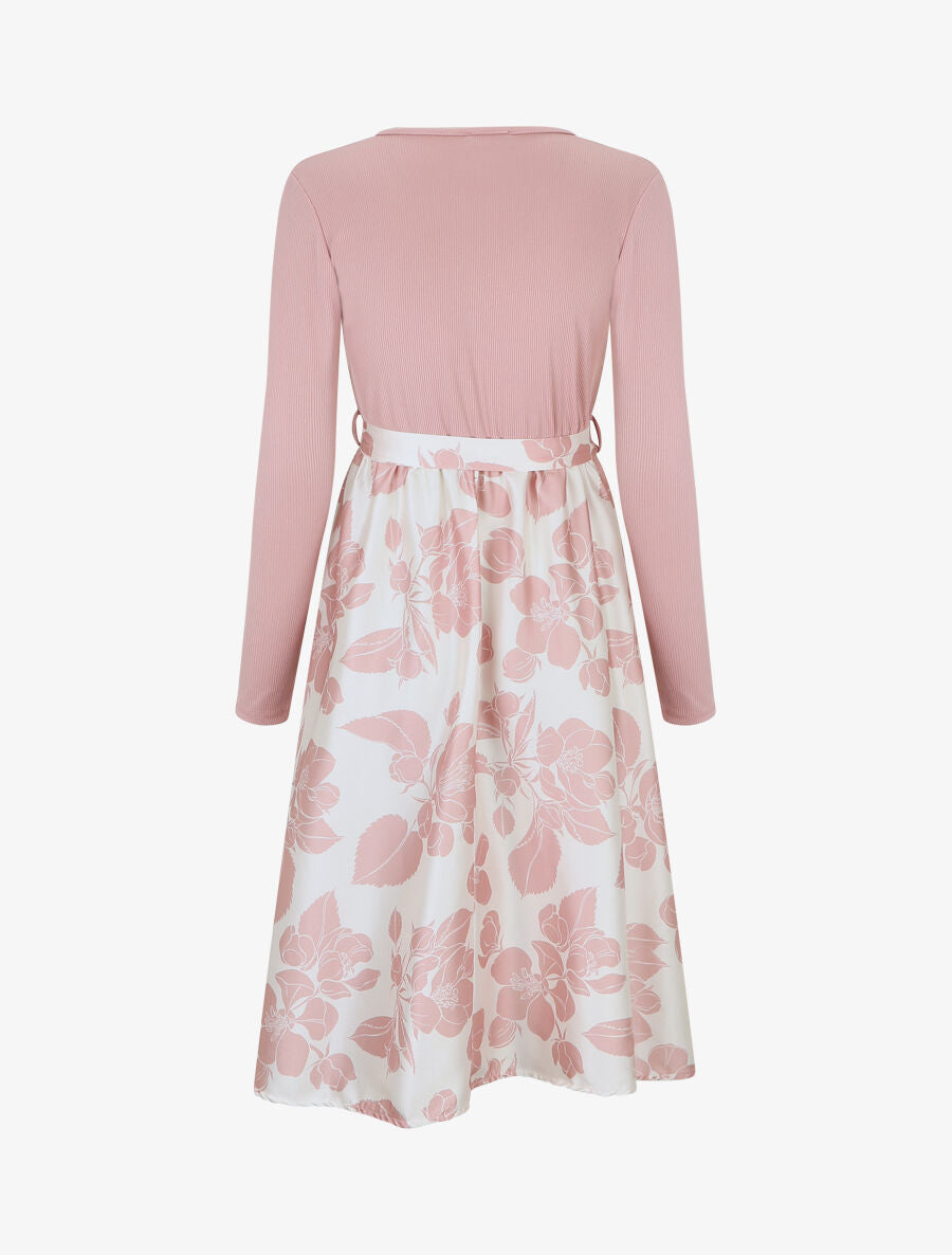 Robe mi-longue bi-matière imprimé grandes fleurs - Rose - 2