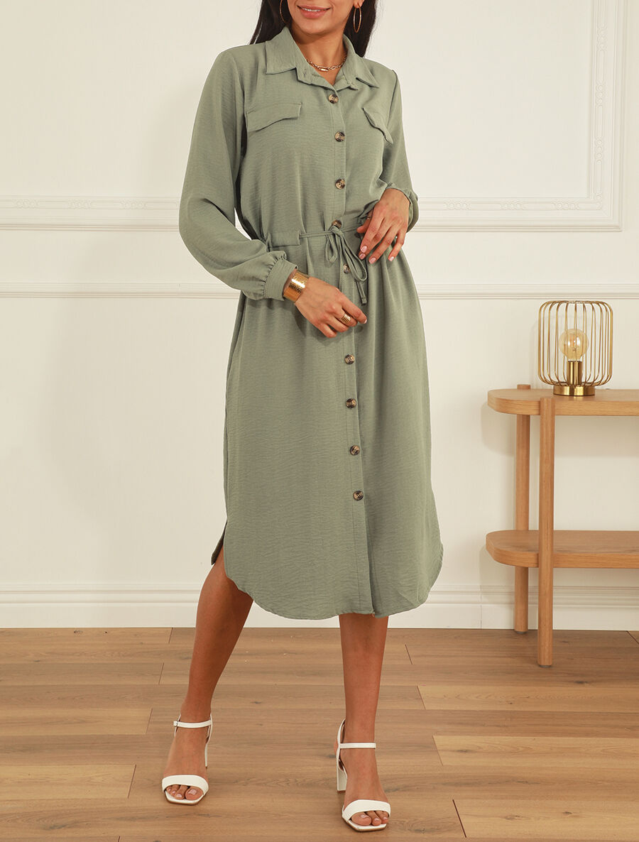 Robe longue fluide boutonnée - Kaki - 4