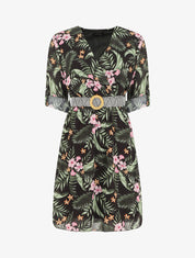 Robe imprimé tropical à taille élastiquée - Noir - 1