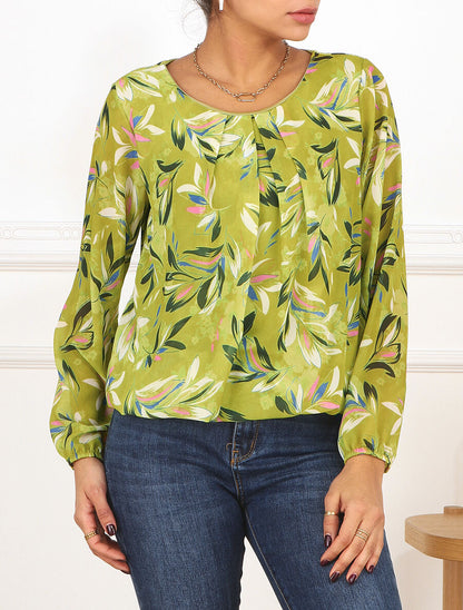 Blouse en voile coupe boule imprimé feuilles - Vert anis - 4
