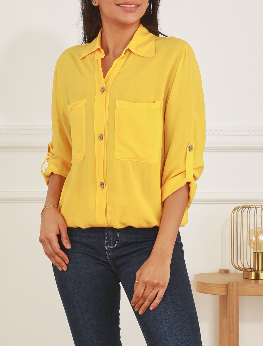 Chemise élastiquée unie manches longues - Jaune - 4