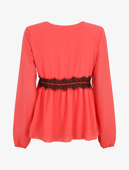 Blouse en voile et dentelle - Rose saumon - 2