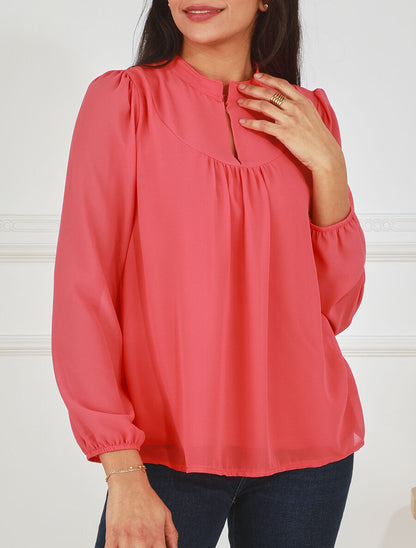 Top uni en voile à col montant - Rose saumon - 4