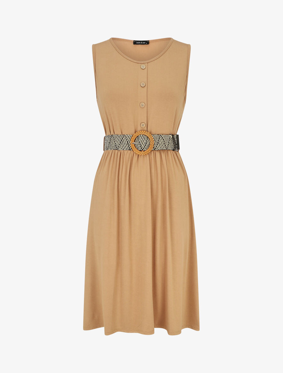 Robe unie à taille élastiquée - Camel - 1