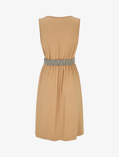 Robe unie à taille élastiquée - Camel - 2