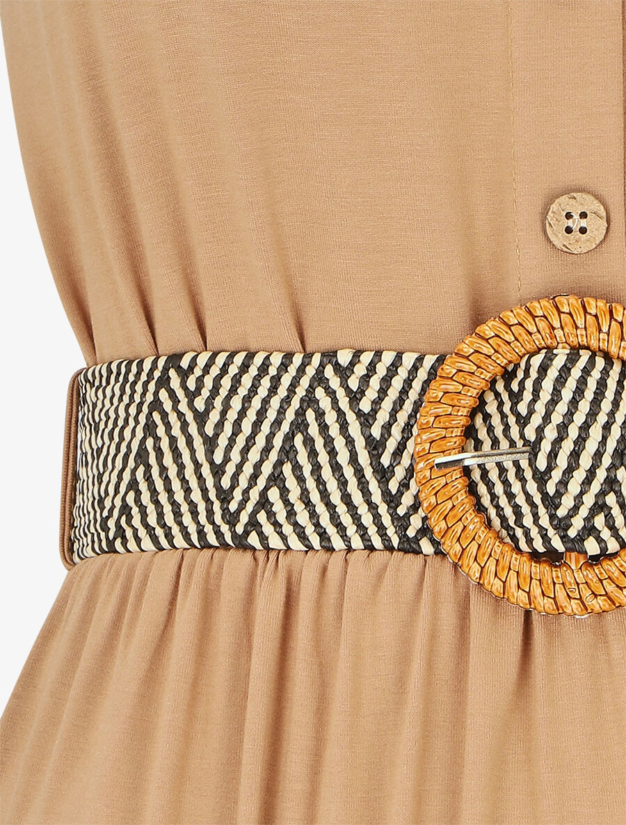 Robe unie à taille élastiquée - Camel - 3