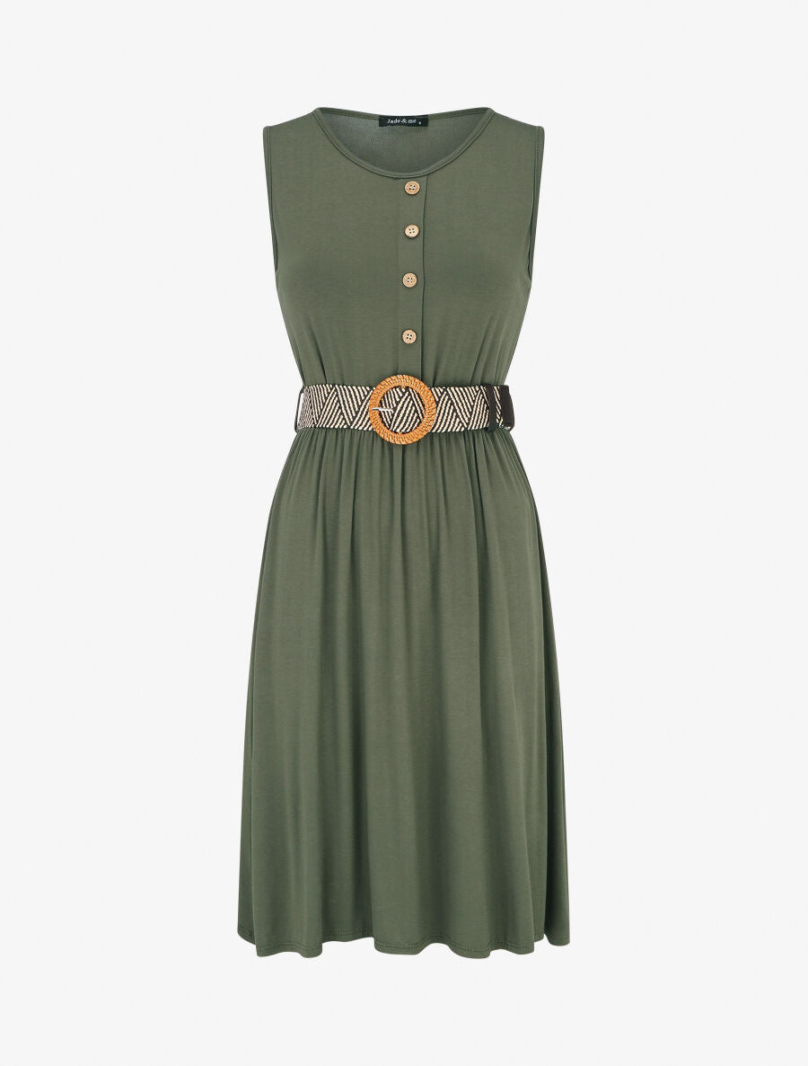 Robe unie à taille élastiquée - Kaki - 1