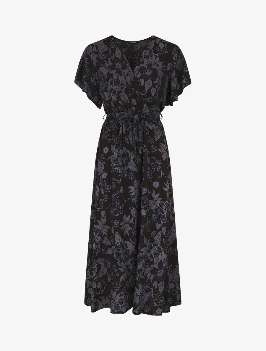 Robe longue fleurie col cache-coeur - Noir - 1