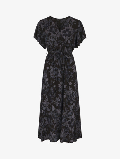 Robe longue fleurie col cache-coeur - Noir - 1