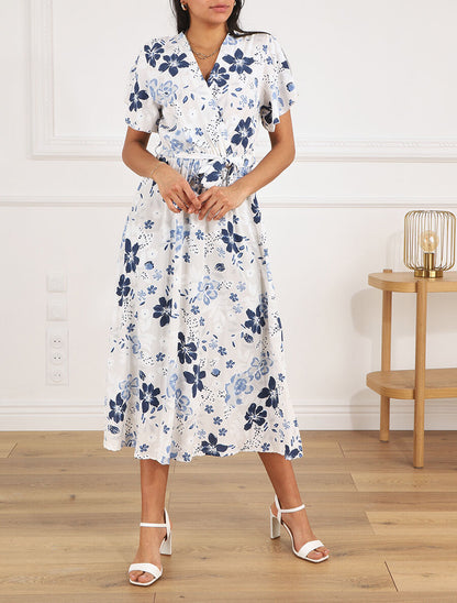 Robe longue fleurie col cache-coeur - Blanc - 4