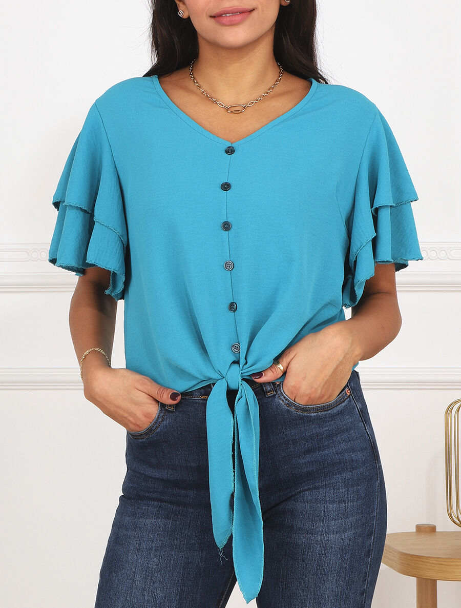 Top uni à manches volantées - Bleu - 4