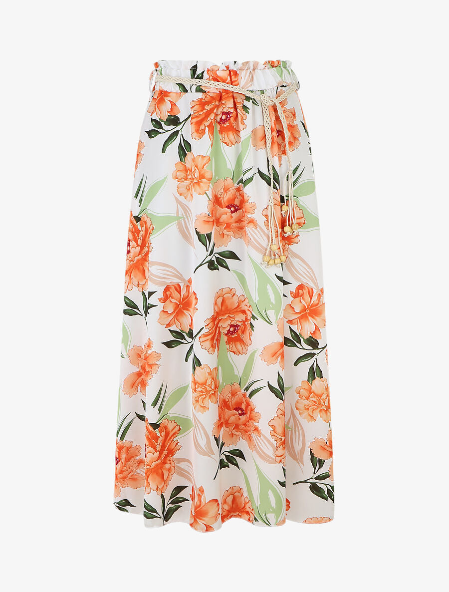 Jupe longue élastiquée imprimé fleurs - Orange - 4